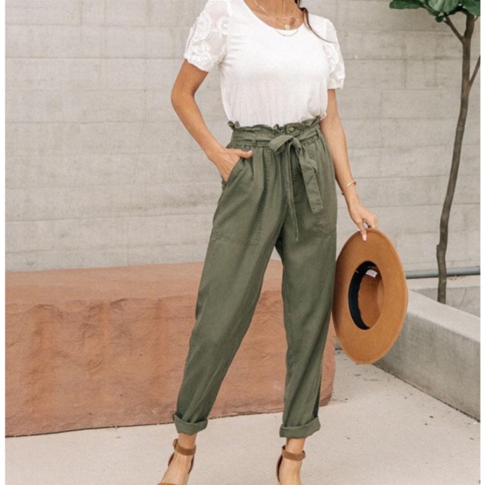 Abercrombie & Fitch Womens Green Paperbag Pants High Waist Tie Front Pockets